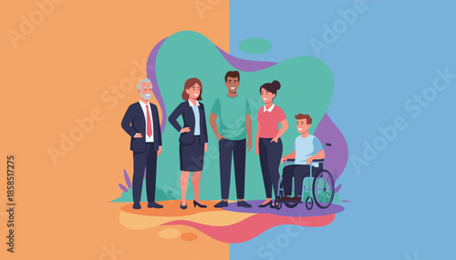 Diverse group portrait showing inclusion teamwork and equality among ages and abilities