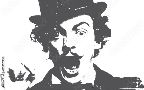 Surprised man with a vintage hat and open mouth. Bold black and white vector illustration reflecting humor and expression.