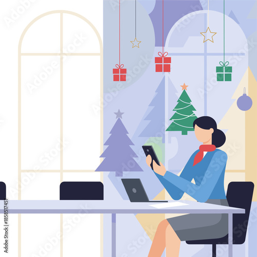 Professional uses mobile phone at office desk decorated for winter holidays