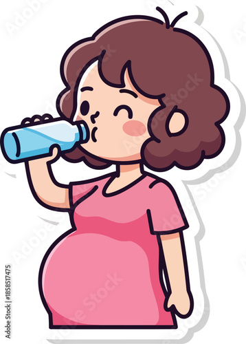 Pregnant woman drinking water from a bottle happily