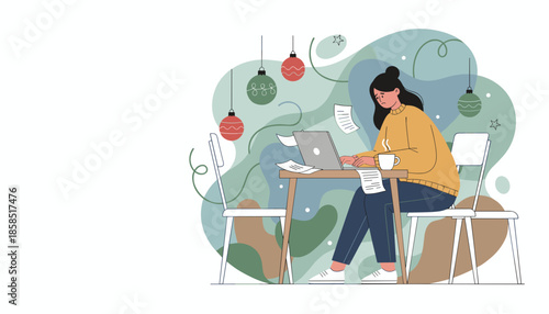 Work stress during holidays Busy woman with deadline pressure working overtime on a laptop