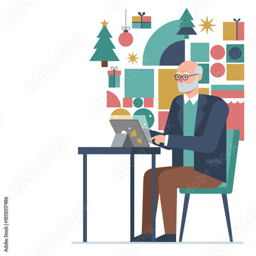 Older man works on tablet against a modern festive holiday background illustration