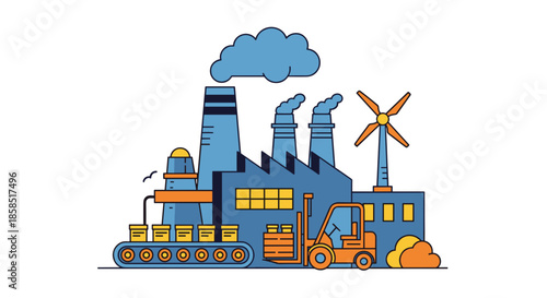 Factory production logistics and energy blend illustration with forklift conveyor belt and wind turbine