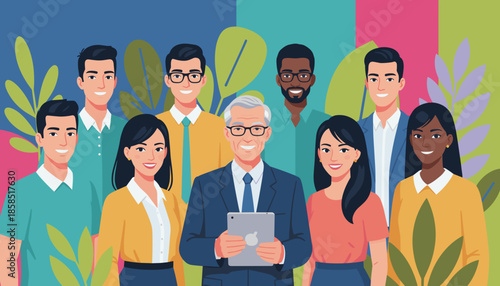 Diverse corporate team smiling with senior leader holding a tablet Teamwork technology and success concept