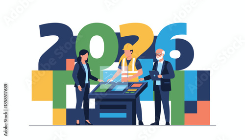 Business team planning future industrial strategy on a control board for the year 2026