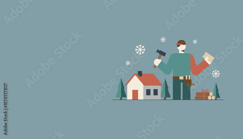 Handyman doing home maintenance in winter snow Geometric repair and construction illustration