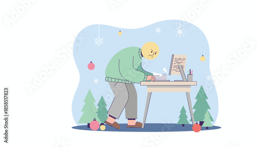 Overworked frustrated person pushing deadlines at a desk amidst festive winter holiday decorations