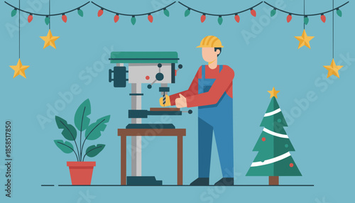Worker operating a drill press in a festive workshop setting Industrial Christmas production