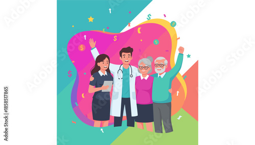 Successful health insurance plan Doctor and seniors celebrate financial and medical security