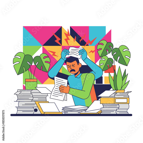 Overwhelmed employee stressed by huge paperwork piles and demanding deadlines Business pressure illustration