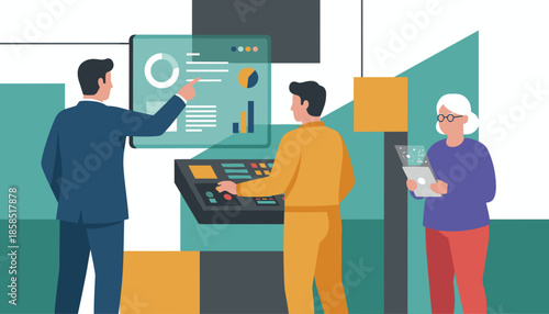 Team analyzing digital data dashboards and operating an industrial control panel for process management