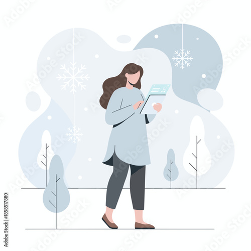 Flat illustration of woman using technology outdoors in a minimalist winter scene with snowflakes