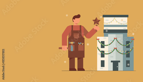 Handyman decorating a building with Christmas lights and star Holiday maintenance and service