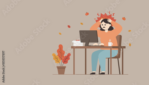 Burnout and stress concept woman suffering from a headache while working remotely during autumn