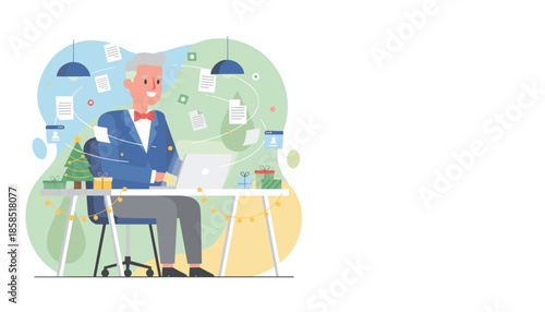 Happy senior professional working on laptop at Christmas handling documents and holiday tasks