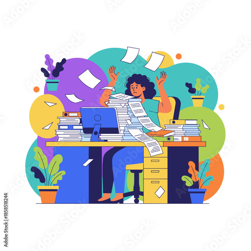 Businesswoman overwhelmed by massive paper stacks and documents on her desk