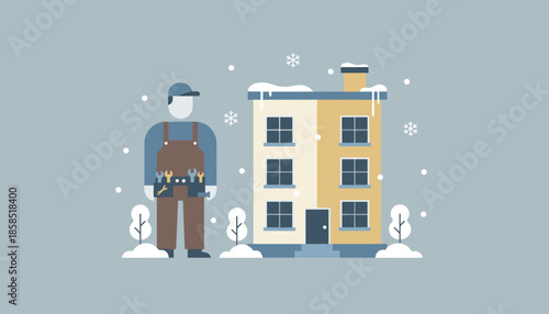 A maintenance worker or handyman stands outside a residential building in the falling winter snow