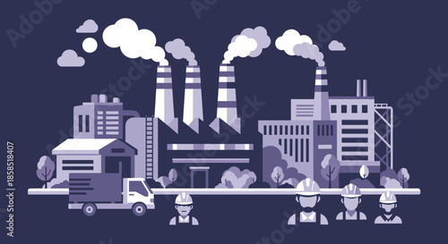 Industrial factory illustration with workers smokestacks production and manufacturing concept