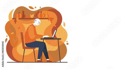 Frustrated senior man working on laptop at desk in warm autumnal setting