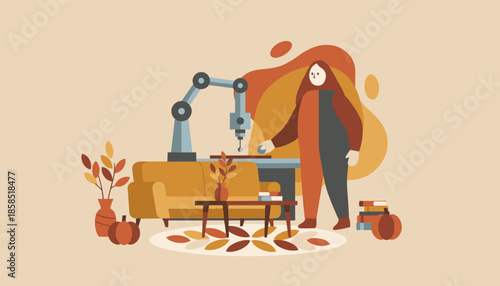 Cozy home automation Woman operates a robotic arm machine surrounded by autumn decor