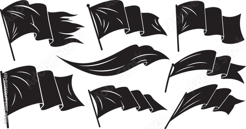Powerful Flowing Flag Silhouettes – Dynamic Black Banner Wave Collection