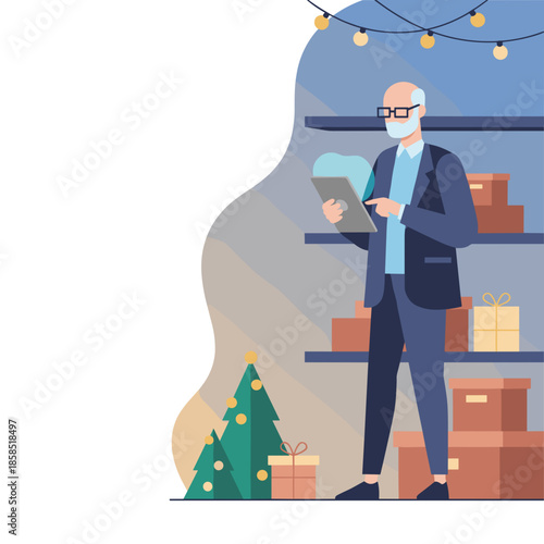 Senior businessman managing holiday inventory with a tablet near shelves Christmas season fulfillment