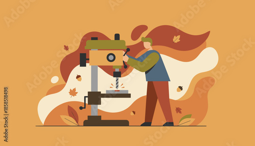 Industrial worker using a drill press machine autumn production and craftsmanship concept