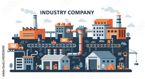 Industrial complex illustration showing factory buildings logistics production workers and supply chain