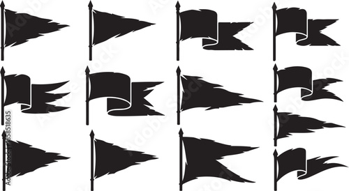Bold Black Pennant Flag Silhouettes – Dynamic Wind-Blown Banner Set