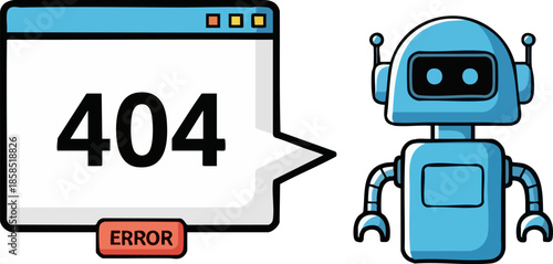 Cartoon robot displays a 404 error message on a browser window screen