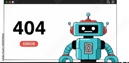 Cartoon robot displays a 404 page not found error on a browser window