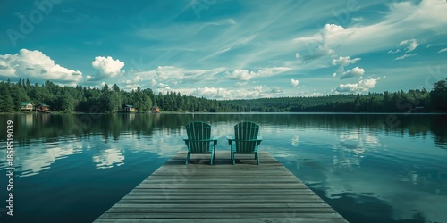 Muskoka chairs placed on a wooden dock overlooking a tranquil lake with lakeside cottages amid lush greenery, suited for outdoor leisure