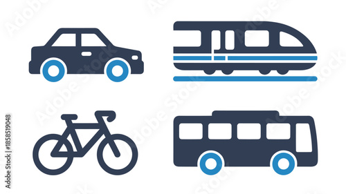 Transportation Icons Set in Flat Design with Dark Blue Color Scheme on White Background for Infographics