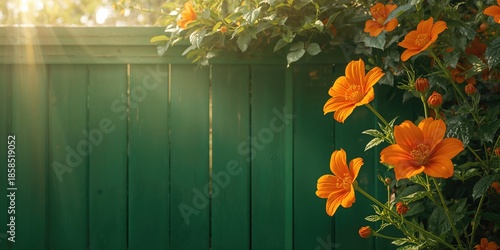 Bright orange blossoms against a green fence in a sunlit garden, suitable as a vibrant outdoor scene background
