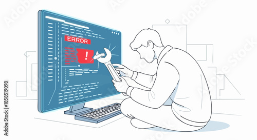 Technician repairs computer screen displaying critical system error code message