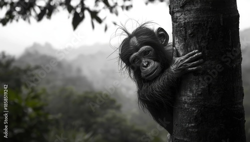 Monochrome image of a distressed chimpanzee, highlighting emotional state and wildlife conservation