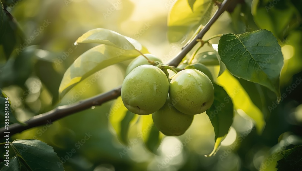 Fototapeta premium Fresh green plums clustered on a tree, highlighting natural fruit development and agricultural cycles