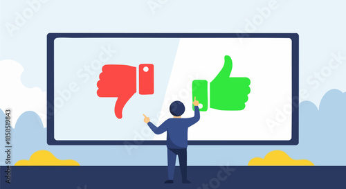 Man pointing at large screen displaying like and dislike icons for feedback