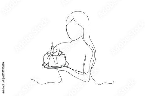 Continuous line art birthday cake in drawing single birthday cake with candle on the top minimalist black linear sketch isolated on white background. Vector.