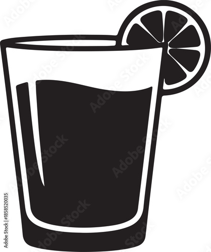 Black cocktail with lemon slice garnish