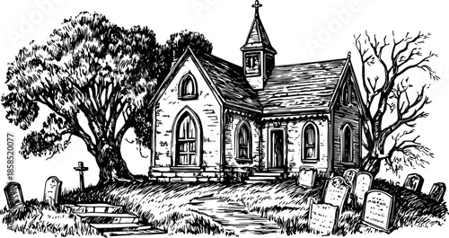 Vintage church illustration in a graveyard setting featuring detailed tombstones and a large tree. This black and white vector illustration captures a scenic landscape.