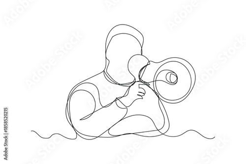 One line hand drawn hand with megaphone. Person hold loudspeaker in continuous lines style. , Hiring or event sound announcement vector creative.