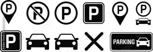 Parking icons set with cars, signs, and symbols including “P”, no parking, location markers, and restricted area indicators