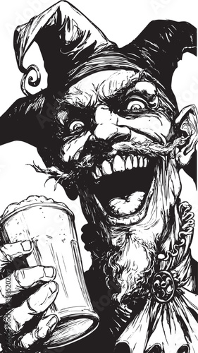 Jester character illustration with a broad grin. Black and white vector illustration featuring a detailed mug in hand.