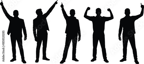 Silhouettes of business professionals in motivational poses, symbolizing ambition, success, and leadership for corporate and inspirational design