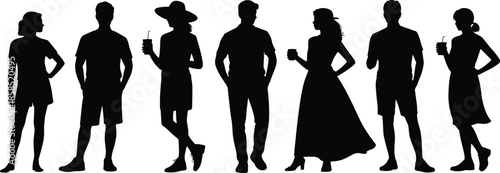 Silhouettes of diverse standing people in casual outfits, showing unique postures and styles for fashion and social design