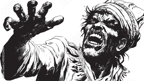 Angry man illustration in black and white. Fierce expression with an exaggerated pose, showcasing a powerful human reaction in vector style.