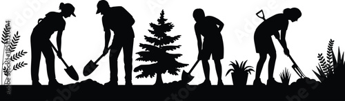 Silhouettes of gardeners working with tools among plants and trees, illustrating teamwork and outdoor activity for nature-themed design