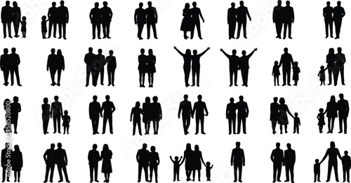 Silhouettes of inclusive family groups in various poses, showing diverse relationships and bonding moments for design and education