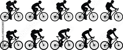 Silhouettes of cyclists in motion with helmets and backpacks, showing dynamic riding postures for sports, animation, and design useSilhouettes of cyclists